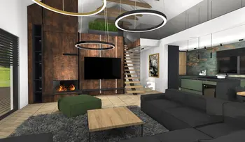 Wnętrze z drewnianą ścianą, nowoczesne oświetlenie i zielonym akcentem w stylu dopamine decor, industrialnym.