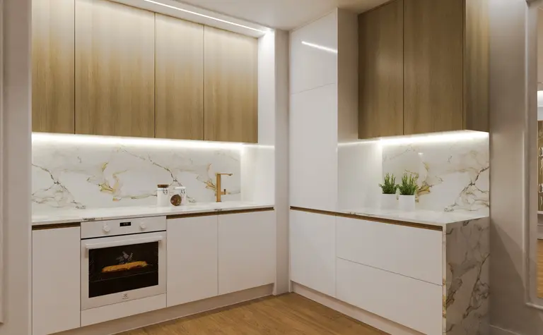 Kuchnia w stylu quiet luxury z drewnianymi i białymi elementami.