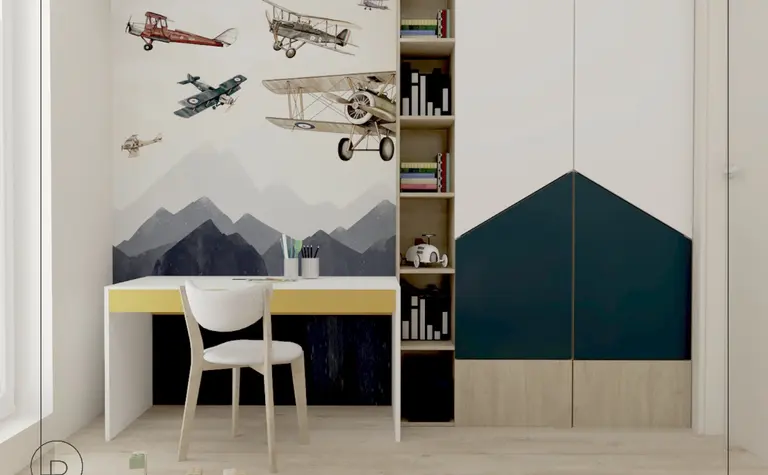 Pokój dziecięcy z biurkiem, półkami i samolotami na ścianie, nowoczesny design.