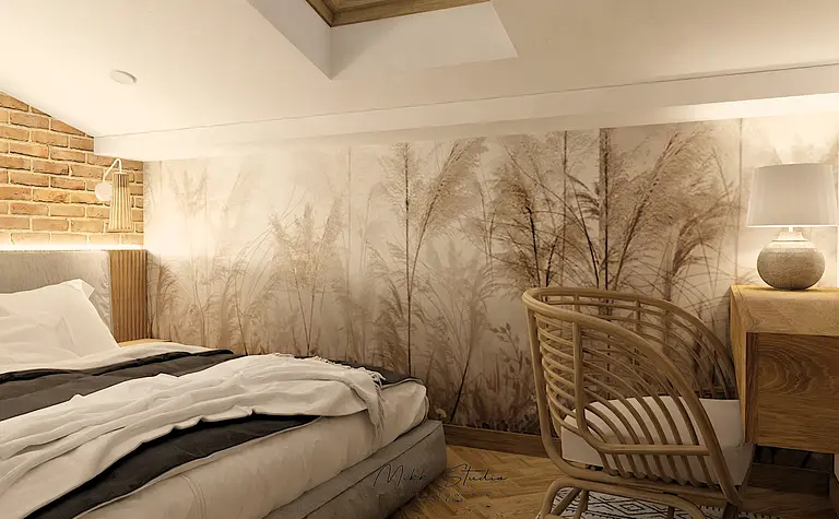 Sypialnia boho z ceglaną ścianą i drewnianym biurkiem.