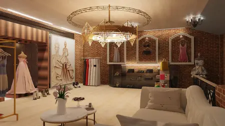 Wnętrze butiku w stylu nowoczesnym i quiet luxury z sukienkami na wieszakach.