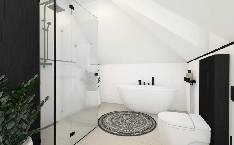 Nowoczesna łazienka z białą wanną i czarnymi detalami, styl glamour, współczesny.