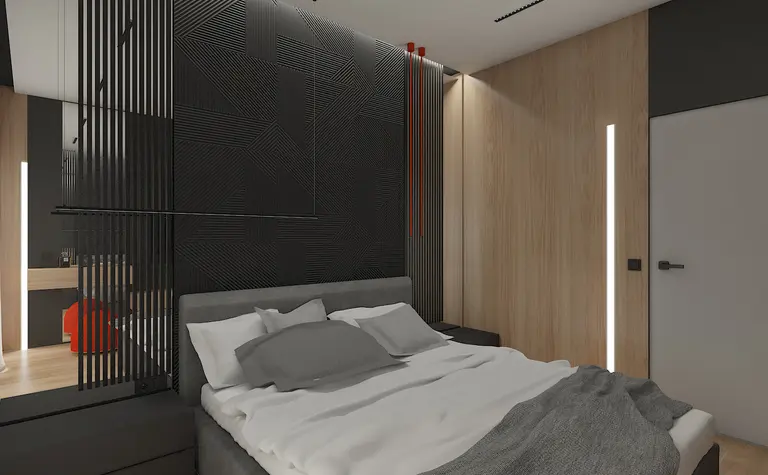 Wnętrze sypialni z minimalistycznym designem, nowoczesnymi elementami, soft minimalizmem i drewnianymi akcentami.