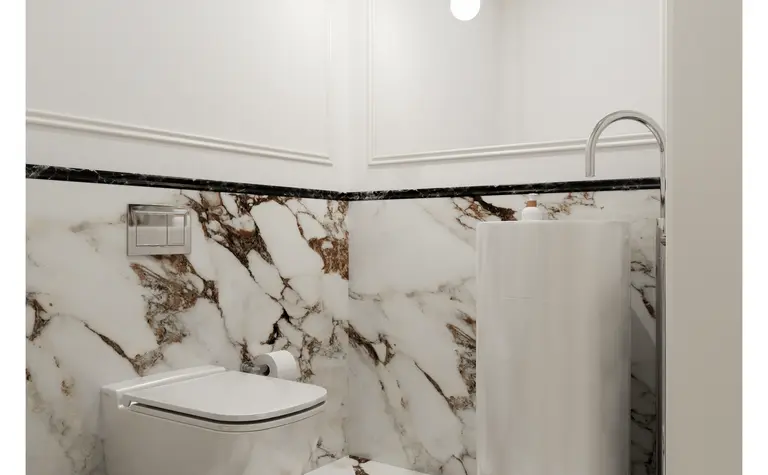 Mała łazienka z marmurowymi płytkami, umywalką i toaletą w stylu soft minimalizm, tradycyjny, vintage.