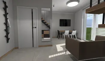 Wnętrze z jadalnią, szaro-białymi ścianami, nowoczesnymi meblami, minimalizm, dopamina decor.