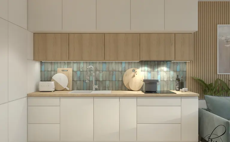Nowoczesna kuchnia z białymi meblami i drewnianym blatem, minimalistyczny design.
