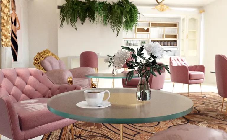 Stylowy salon w stylu glamour, minimalistyczny, minimaluxe z różowymi fotelami i roślinami.