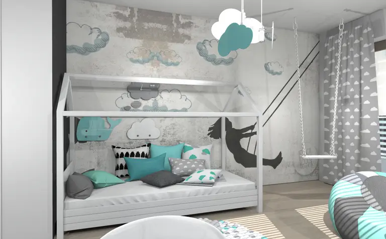 Pokój dziecięcy z chmurkami, huśtawką i pastelowymi akcentami. Styl dopamine decor, japandi, nowoczesny.