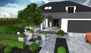 Wnętrze domu z ogrodem, styl industrialny, japandi, minimalistyczny, nowoczesny.