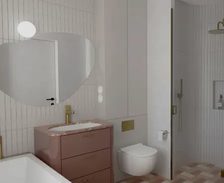 Nowoczesna łazienka w stylu art deco i vintage z delikatnymi akcentami.