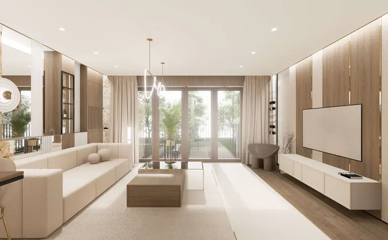 Nowoczesny salon z beżową sofą, drewnianym stolikiem, minimalistycznym wystrojem.