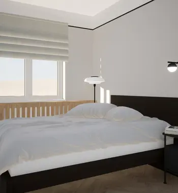 Sypialnia w stylu japandi, minimalistycznym i skandynawskim z białym łóżkiem i drewnianymi detalami.