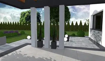 Taras w stylu industrialnym z roślinami, minimalistycznymi detalami oraz nowoczesnymi akcentami.