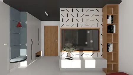 Nowoczesne wnętrze z dopamine decor, szare ściany i drewniane meble.