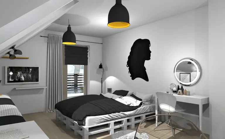 Sypialnia w stylu boho z nowoczesnym łóżkiem i dekoracjami dopamine decor.