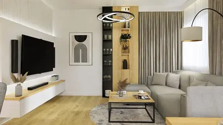 Wnętrze salonu w stylu industrialnym i minimalistycznym z nowoczesnymi elementami.