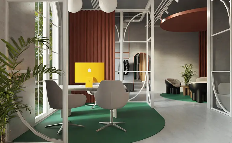 Biuro z żółtym monitorem, szarymi krzesłami i roślinami w stylu dopamine decor, minimalistycznym i współczesnym.