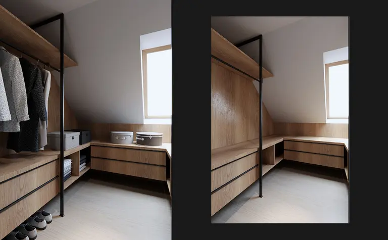 Eklektyczna garderoba z drewnianymi meblami i minimalistycznym oświetleniem.