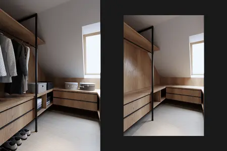 Eklektyczna garderoba z drewnianymi meblami i minimalistycznym oświetleniem.