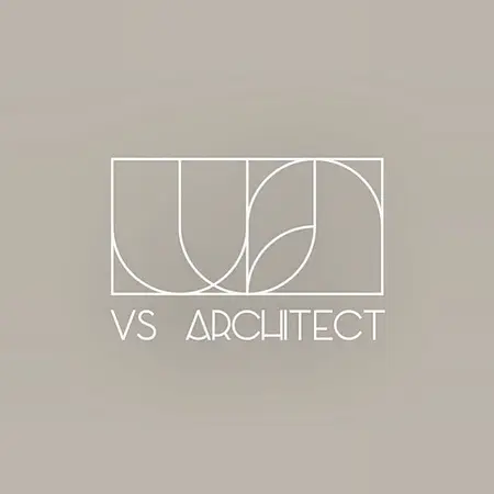 Logo architekta w minimalistycznym stylu na beżowym tle.
