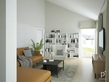 Wnętrze salonu w stylu skandynawskim z brązowymi meblami i półkami na książki.