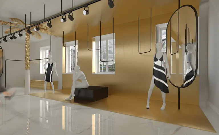 Butik w stylu glamour, minimalistycznym i minimaluxe z manekinami i złotymi detalami.