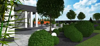 Widok na nowoczesny ogród z zielonymi krzewami, industrialnymi elementami i minimalistycznym otoczeniem.