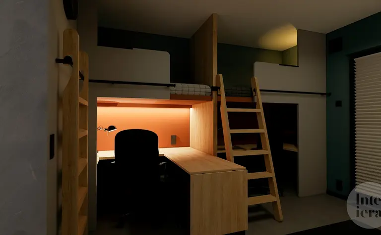 Minimalistyczne poddasze z biurkiem, łóżkiem i drewnianymi akcentami.