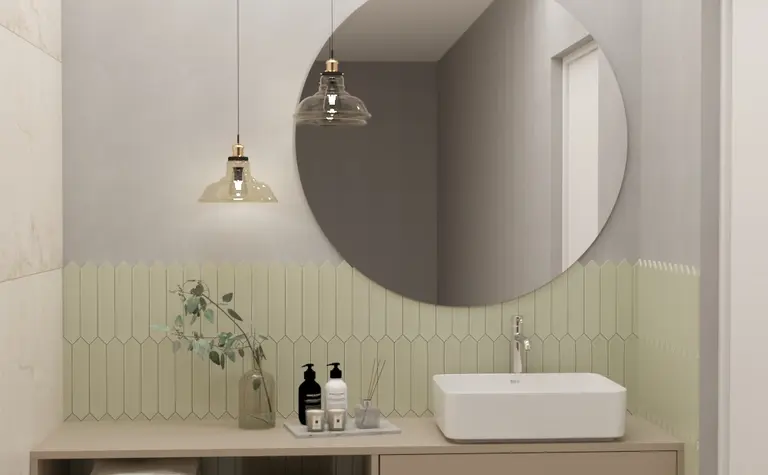 Nowoczesna łazienka w stylu japandi z minimalistycznymi meblami.