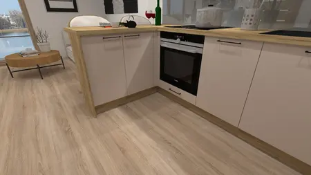 Nowoczesna kuchnia z drewnianym blatem, jasnymi meblami i akcesoriami. Współczesny design.