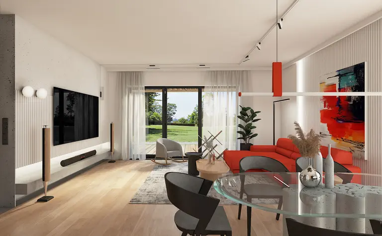 Wnętrze salonu w stylu minimalistycznym z czerwonymi akcentami i dużymi oknami.