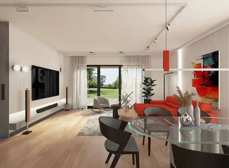 Wnętrze salonu w stylu minimalistycznym z czerwonymi akcentami i dużymi oknami.