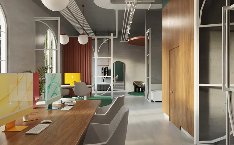 Wnętrze biura z drewnianym biurkiem, kolorowymi monitorami i minimalistycznym designem
