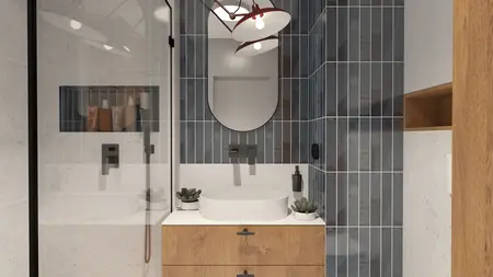 Wnętrze łazienki z drewnianymi elementami i nowoczesnymi akcesoriami dopamine decor.