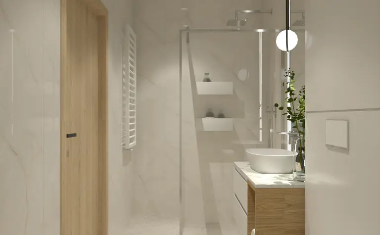 Minimalistyczna łazienka z drewnianymi detalami i nowoczesnym oświetleniem.