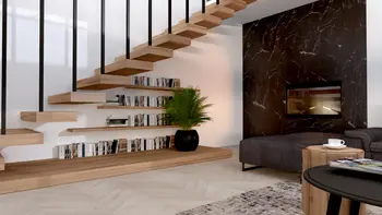 Wnętrze salonu w stylu industrialnym z drewnianymi schodami, czarnym kominkiem i rośliną.
