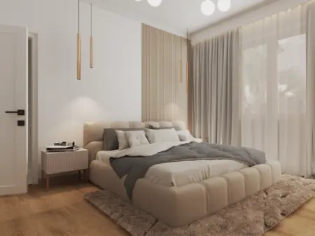 Sypialnia w stylu japandi z minimalistycznym łóżkiem, soft minimalizm, skandynawski akcent.