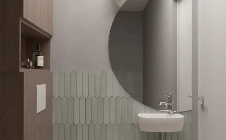 Minimalistyczna łazienka w stylu japandi z drewnianymi elementami.