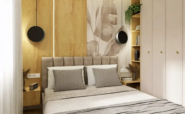 Wnętrze sypialni w stylu industrialnym, minimalistycznym i nowoczesnym z drewnianymi elementami.