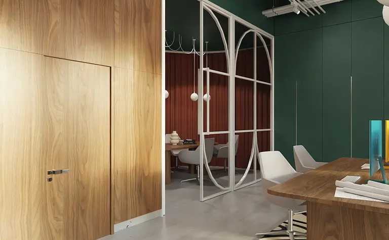 Wnętrze biura w stylu dopamine decor, minimalistycznym, współczesnym z drewnem i zielonymi ścianami.