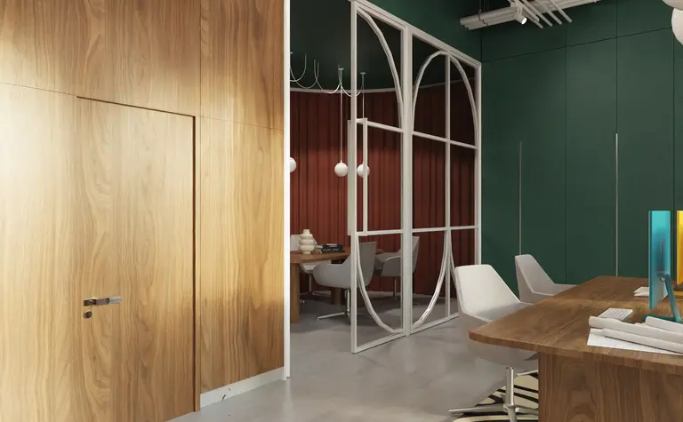 Wnętrze biura w stylu dopamine decor, minimalistycznym, współczesnym z drewnem i zielonymi ścianami.