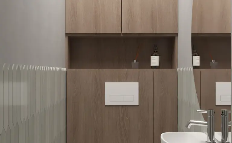 Minimalistyczna toaleta w stylu japandi z drewnianymi akcentami i eleganckim oświetleniem.