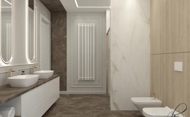 Nowoczesna łazienka z podwójną umywalką, drewnianymi detalami i eleganckim oświetleniem.