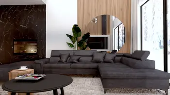 Wnętrze salonu z szarym narożnikiem, drewnianym stolikiem i roślinami, styl industrialny, nowoczesny.