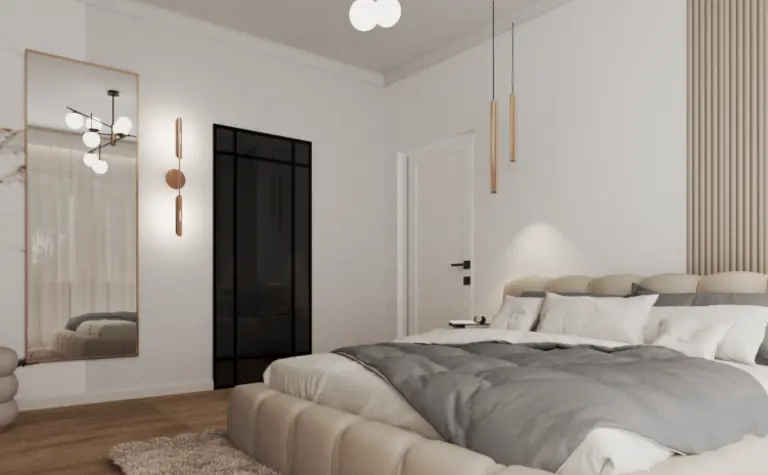 Sypialnia w stylu japandi z minimalistycznym wystrojem, soft minimalizm i skandynawski akcent.