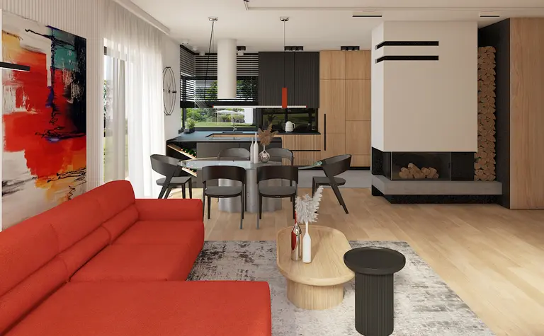 Wnętrze salonu w stylu minimalistycznym z czerwonymi meblami i drewnianymi detalami.