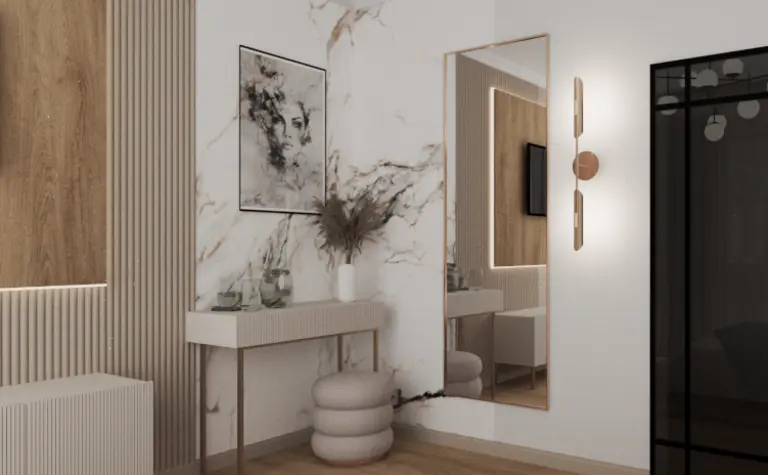 Wnętrze w stylu japandi z białymi meblami i drewnianymi detalami.