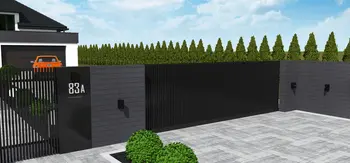 Nowoczesny wjazd do domu z ogrodzeniem, styl industrialny i minimalistyczny.