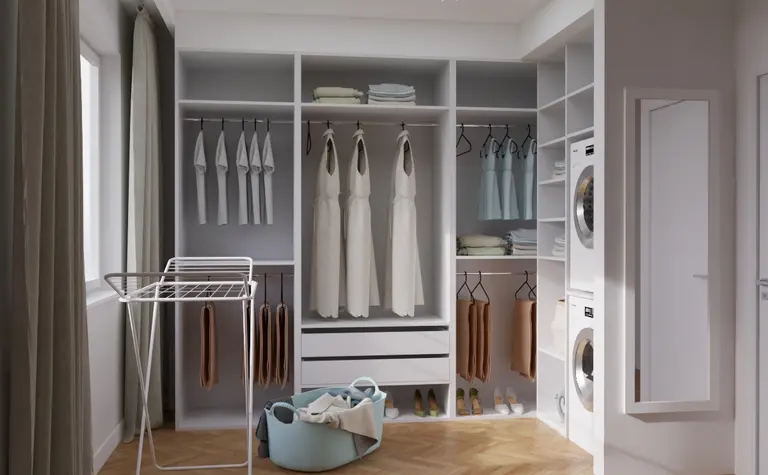 Garderoba w stylu japandi, minimalistycznym i nowoczesnym z pralką.