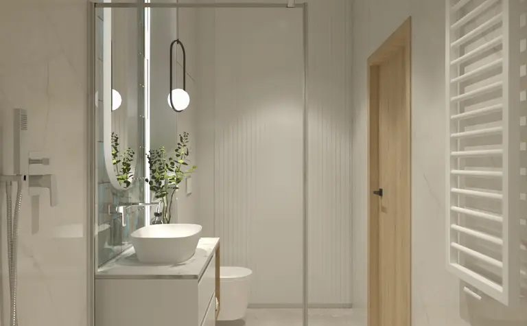 Nowoczesna łazienka z białą umywalką, drewnianymi elementami, minimalistyczny design